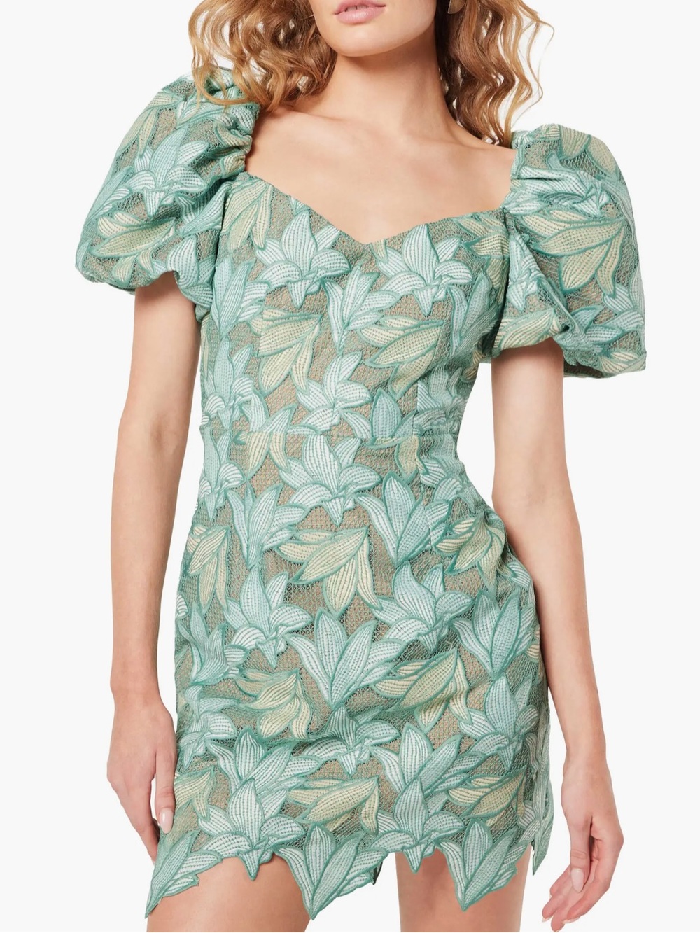 Elliatt Mint Green and brown Puff-Sleeve Floral Lace Mini Dress size 8